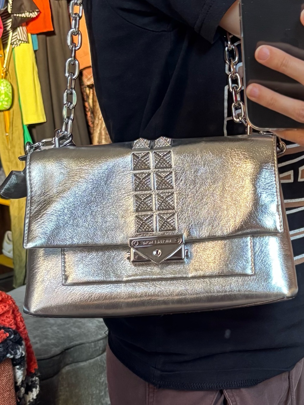 Michael Kors Metallic Silver Studded Leather Crossbody Bag